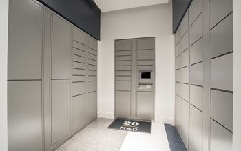 a row of tall grey lockers in a room with a rug